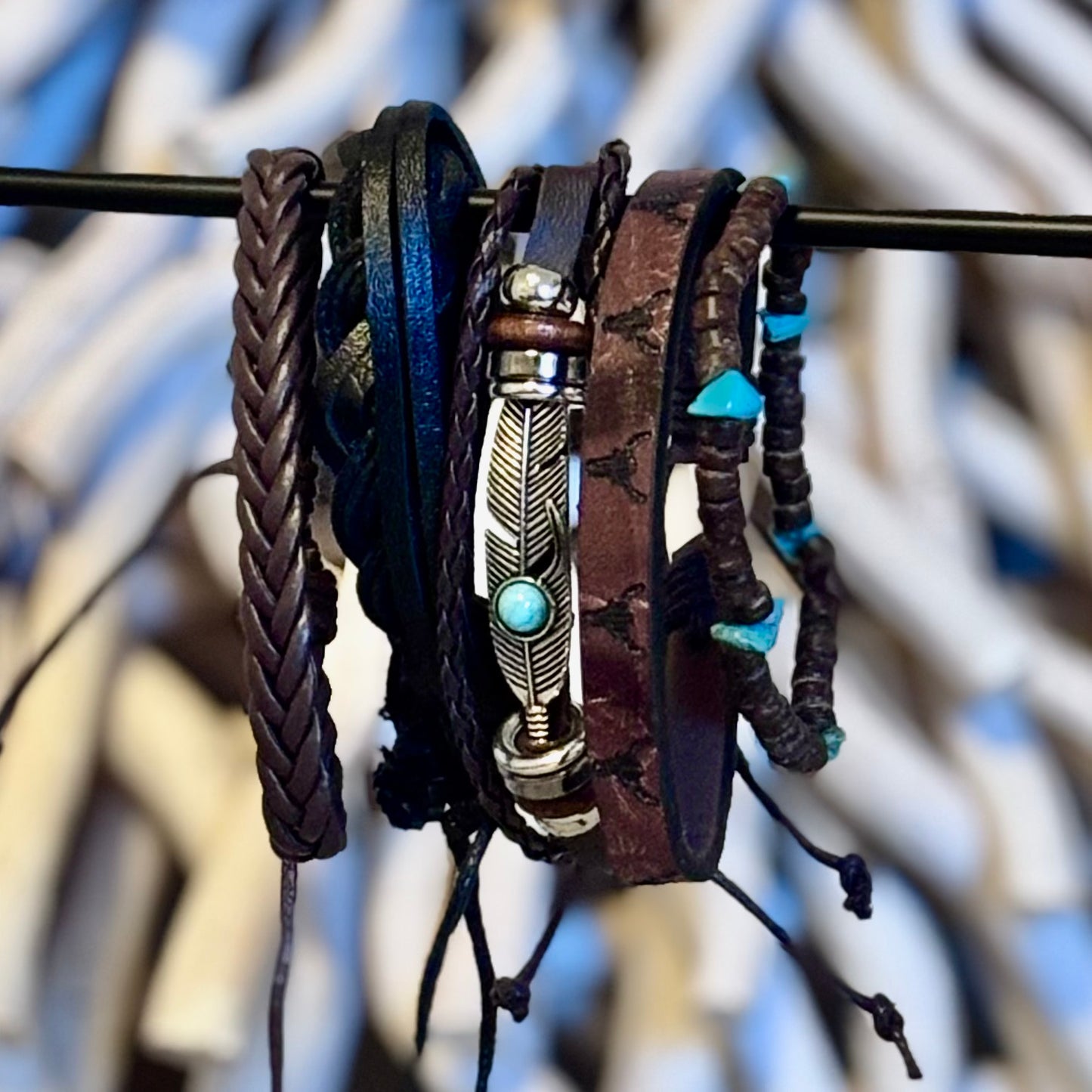 Nomad Sky Leather Stack – Tribal Layers with a Pop of Turquoise