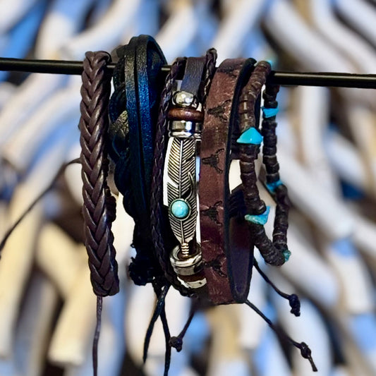 Nomad Sky Leather Stack – Tribal Layers with a Pop of Turquoise