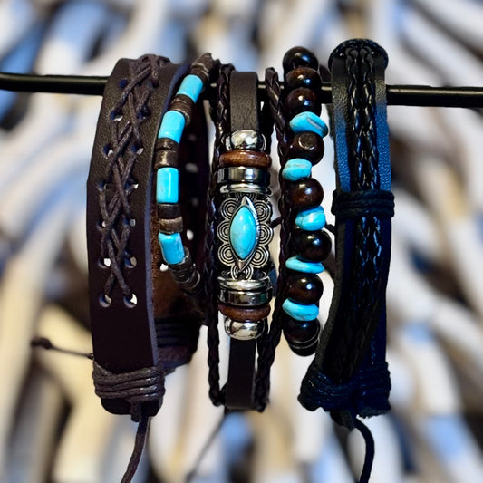 Azure Trail Leather Stack – Cool Blues & Tribal Woods