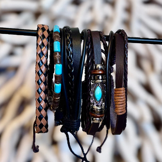 Sundown Nomad Leather Stack – Braids, Beads & Turquoise Fire