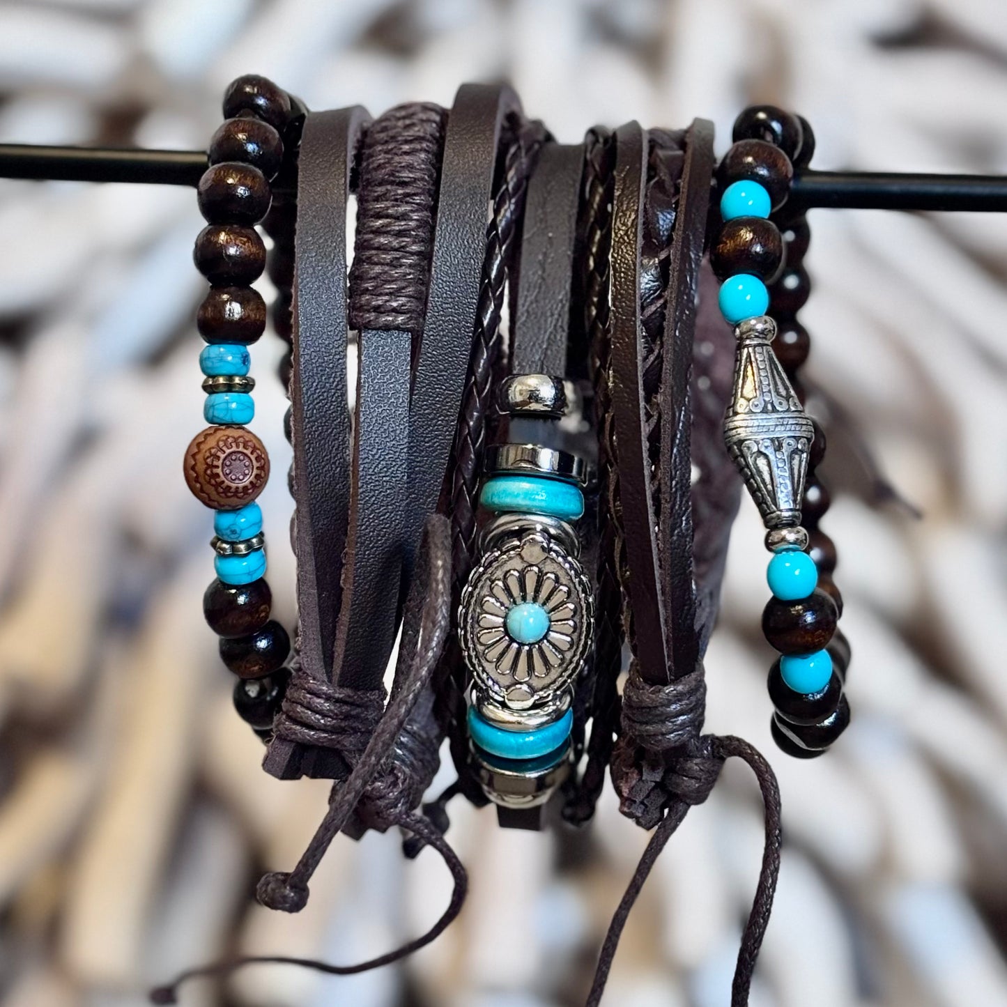 Tribal Bloom Leather Stack – Rich Browns & Bright Turquoise
