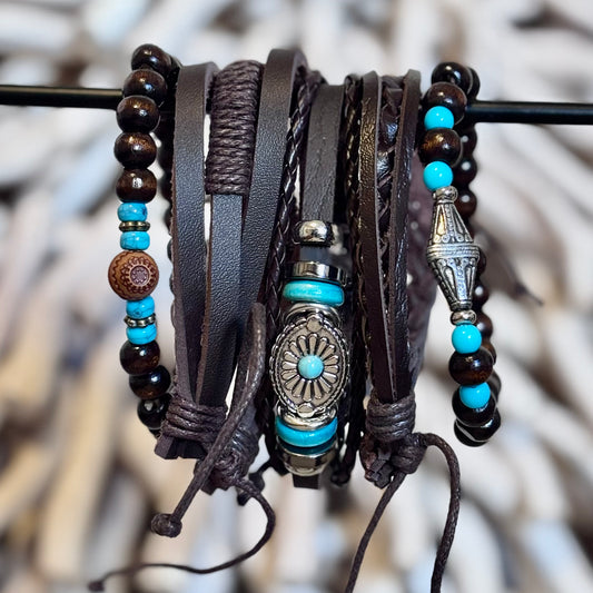 Tribal Bloom Leather Stack – Rich Browns & Bright Turquoise
