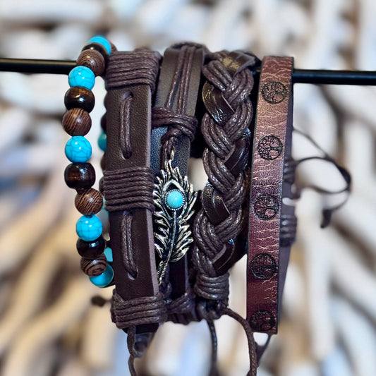 Earthborn Feather Leather Stack – Roots, Symbols & Sky Blue Stone