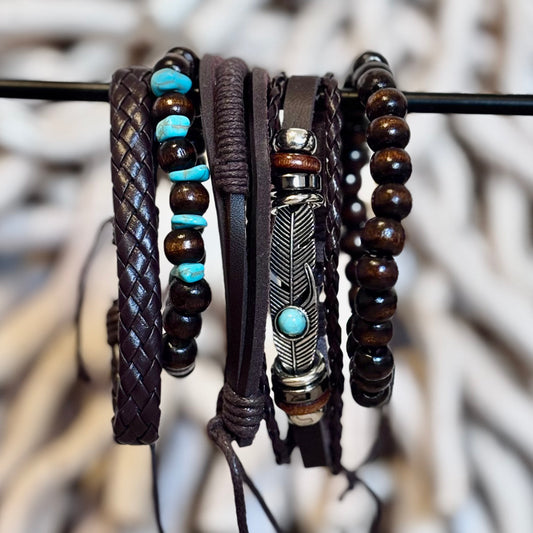 Sky Feather Leather Stack – Bold Beads & Tribal Calm