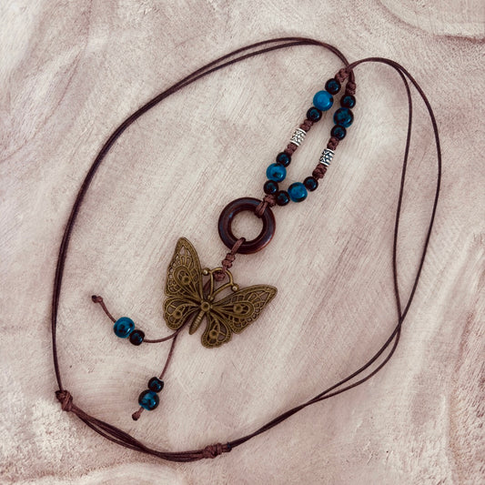Butterfly Charm Necklace – Antique Bronze & Teal Beads