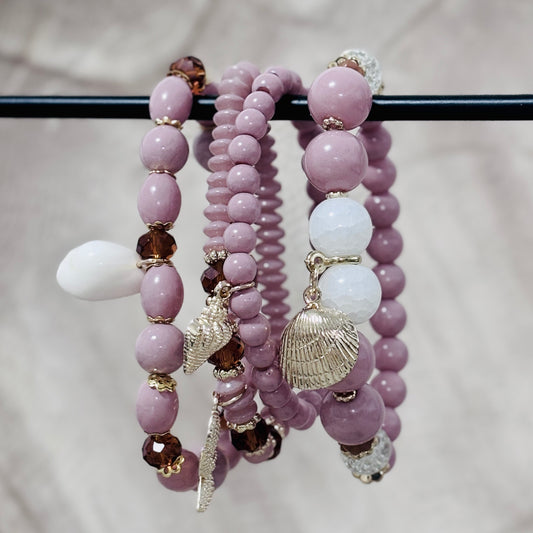 Lilac Seashell Charm Bracelet Set – Soft, Coastal & Dreamy