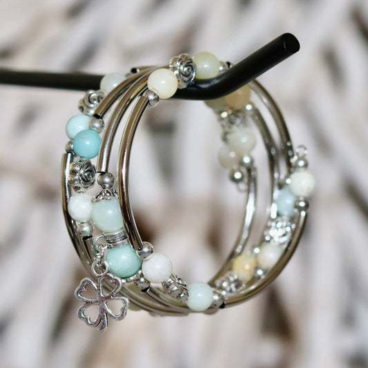 Pale Green Aventurine Layered Bracelet with Clover Charm – Tranquil & Lucky