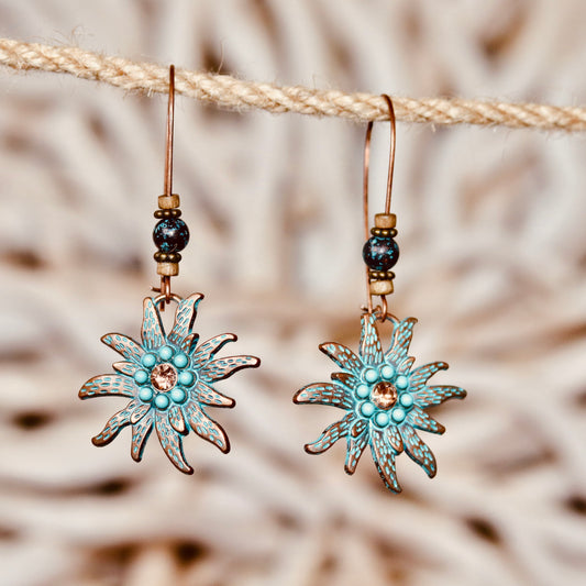 Turquoise Sunburst Flower Dangle Earrings – Vibrant & Artistic