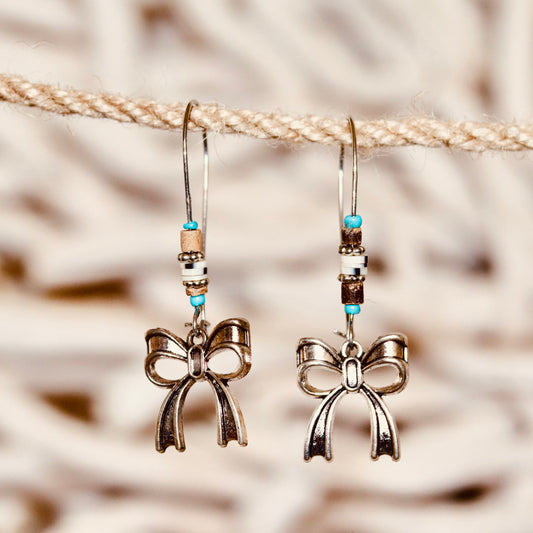 Turquoise Bead Bow Dangle Earrings – Playful & Charming