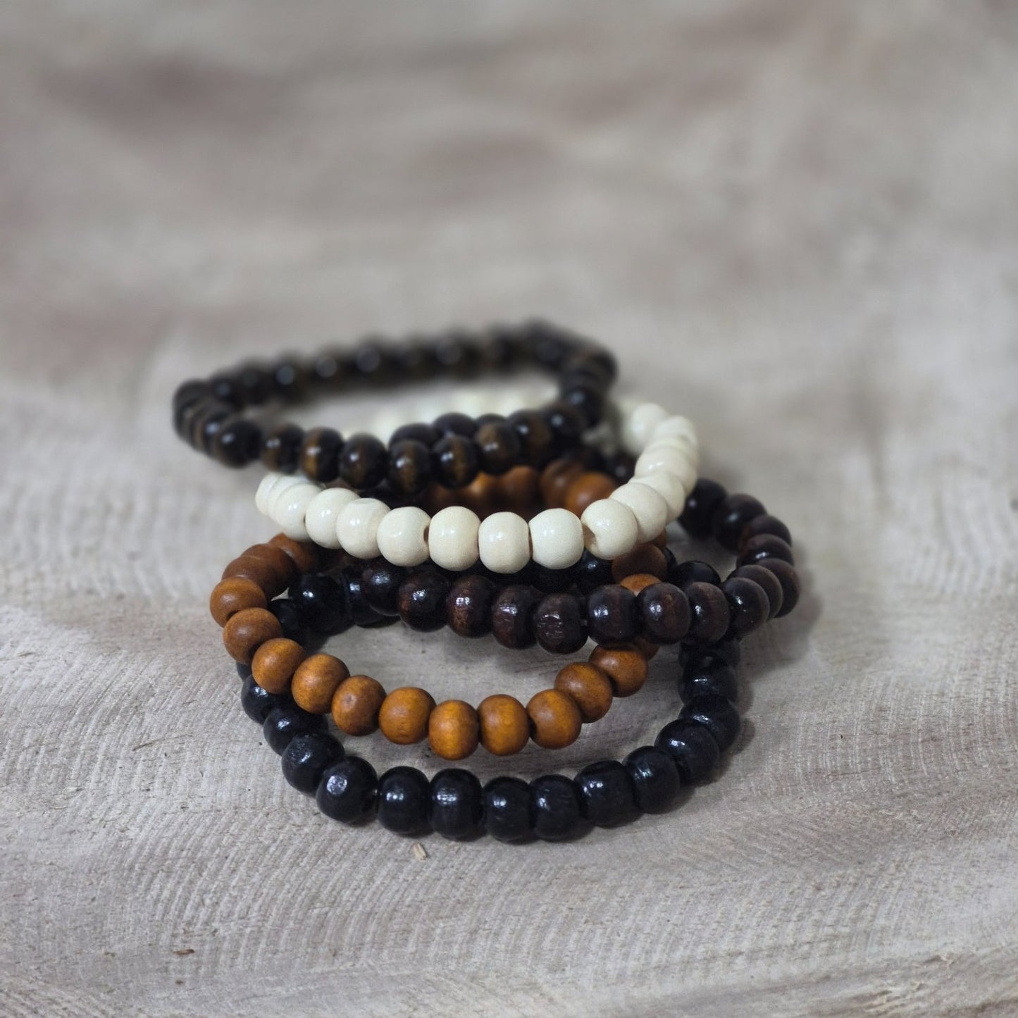Natural Wood And Stone Beaded Bracelet Set