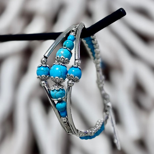 Azure Cascade Bangle – Layered Turquoise & Silver Charm