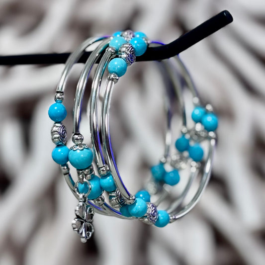 Turquoise Stone Bangle – Silver Charm with Clover Accent