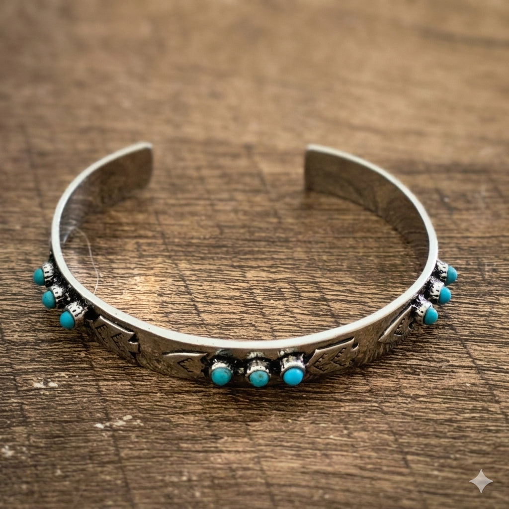 Silver Turquoise Cuff Bracelet With Etched Detail