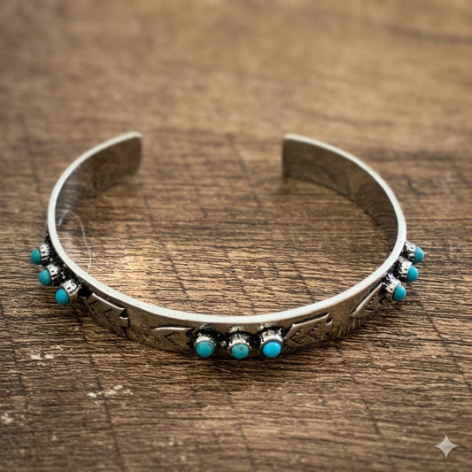 Silver Turquoise Cuff Bracelet With Etched Detail